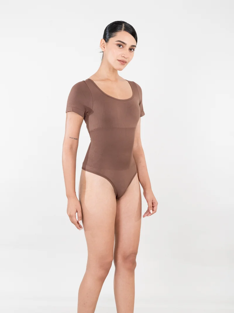 Shapercult Store Brown Half Sleeves Bodysuit for Women
